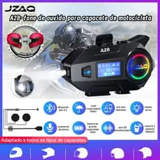 JZAQ A28 Fone Bluetooth para Capacete de Moto, Intercom para 2 Pessoas, Alcance 500-1000M, Luz LED, Tela LCD, Rádio FM