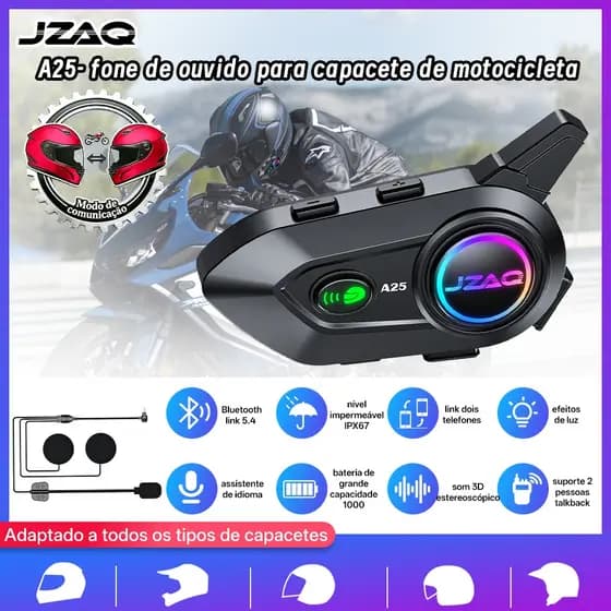 JZAQ A25 Fones Bluetooth para Capacete, Intercom para Duas Pessoas, IP67 Impermeável, Anti-ruído, Música Compartilhada