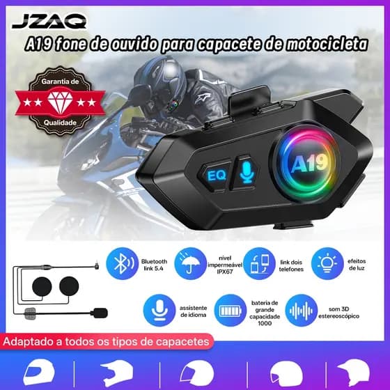 JZAQ A19 Fone Bluetooth Capacete Moto Atendimento Inteligente IP67 Impermeável Bateria 1000mAh Música e Chamadas
