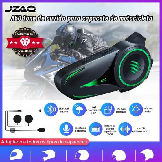 JZAQ A50 Fone Bluetooth Sem Fio Capacete Luz LED Colorida IP67Impermeável Áudio HL-FL Reproduzir Música Atender Chamadas