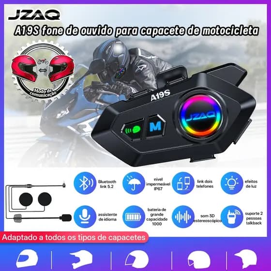 JZAQ A19S Intercom para Capacete de Moto, Intercom 2 Pessoas IP67 À Prova D'água, Compartilhar Música, Atender Chamadas