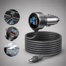Cabo Veicular para Starlink Mini 12V 24V PD 35W USB-C USB-A com Voltímetro – 3m / 5m