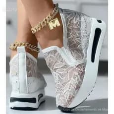 Tênis Femininos Bordados com Flores, Sapatos Confortáveis Sem Costas em Malha Antiderrapante 8434