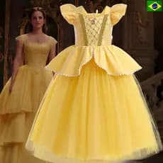 Vestido da Bela e a Fera RPG para Meninas, Mangas Transparentes com Babados e Apliques para Festa Infantil 4299