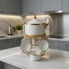 Conjunto Luxo Para Sopas Porcelana Com Sopeira Bowls Colheres e Suporte Dourado 14 Peças