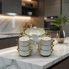 Jogo Elegante Para Caldos e Sopas Em Porcelana Com Base Dourada 14 Peças