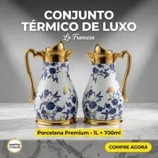 Garrafa Térmica Porcelana Luxo Floral Azul Árabe Conjunto 1L + 700ml