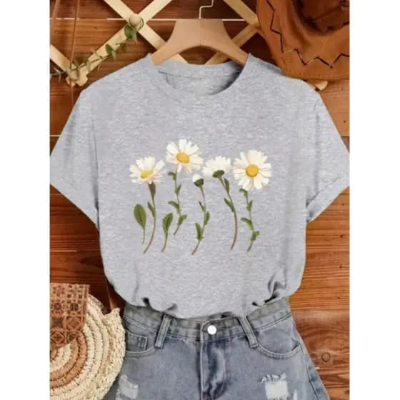 Camiseta Feminina Margaridas Blusa Estampada Estilosa 100% algodãoCamisa Casual Malha Premium