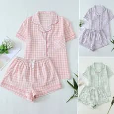 Conjunto de Pijama Feminino de 2 Peças com Estampa Xadrez, Blusa de Manga Curta com Botões e Shorts com Laço DOC7