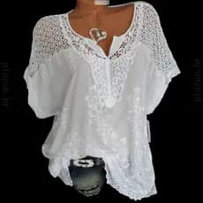 Camisa Feminina de Verão Plus Size Solta Branca com Renda e Patchwork, Blusas 5XL 6XL Manga Curta 2023, Roupas Casuais V