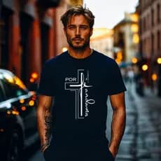 Camiseta Cristã Masculina Por Fé Andamos Gospel Casual Algodão Premium