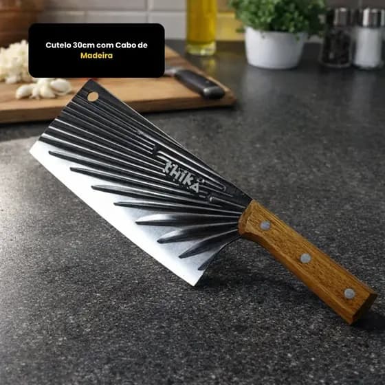 Cutelo 30cm Aço Inox com Cabo de Madeira para Carnes Ossos Legumes Churrasco Cozinha Profissional