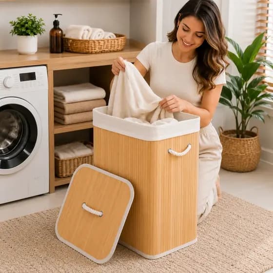Cesto de Roupa Bambu 70L com Tampa e Alças Organizador para Lavanderia Quarto Banheiro