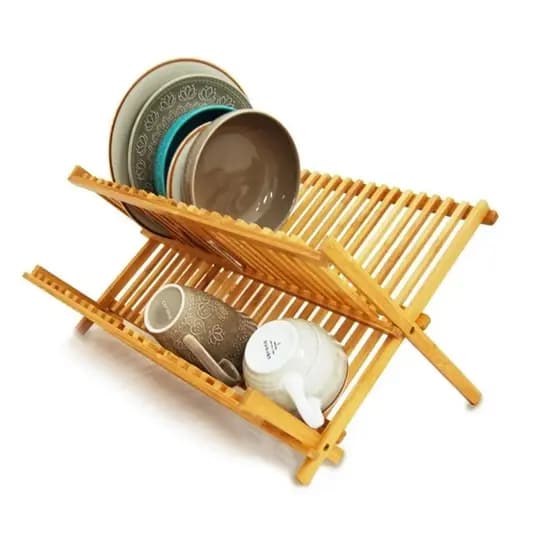 Escorredor de Pratos Bambu Dobrável 2 Andares 14 Divisórias Compacto Ecológico Natural Madeira