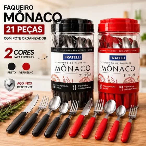 🍴 Faqueiro 21 Peças Mônaco Inox com Pote Organizador Talheres Mesa Churrasco Preto Vermelho