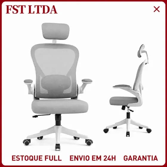 Cadeira de Escritório Ergonômica Com Apoio Lombar e Apoio de Cabeça Cinza com estofado de mesh-200kg