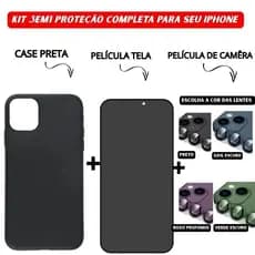 Kit 3em1 Case Preta + Película de Vidro 3D Privacidade + Película Câmera Colorida Para iPhone 11 12 13 14 15 16 Pro Max