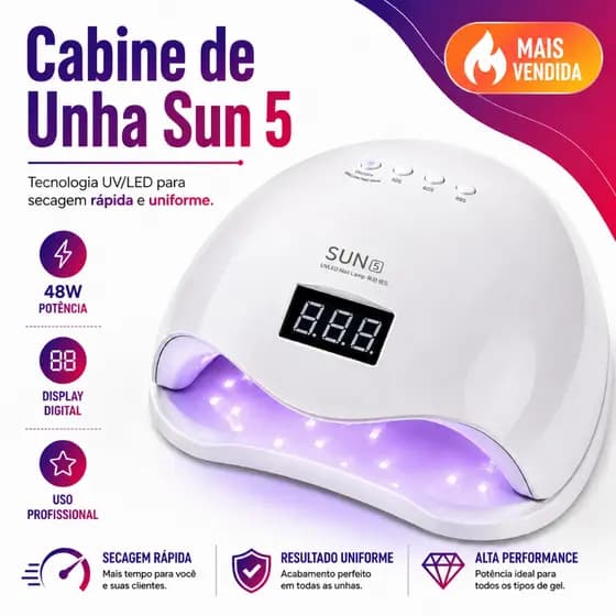 Cabine Unha Gel SUN 5 Profissional 48W Bivolt UV/LED Acrílico Secagem Rápida Kit Manicure