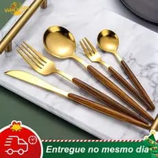 Jogo De Talheres Aço Inoxidável Ouro Alças De Madeira Designer Lindo Fácil de limpar