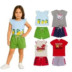 Kit 10 Peças de Roupa Feminino 5 Blusas + 5 Bermudas  Conjuntos Menina Verão