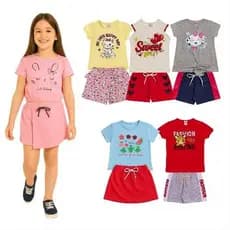 8 Peças de Roupa Feminino Infantil Verão Morago - 4 Blusas + 4 Bermudas - Kit 4 Conjuntos Menina