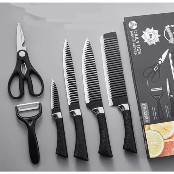 Conjunto Jogo de Facas Preta - 6pçs com tesoura e descascador - Aço inox