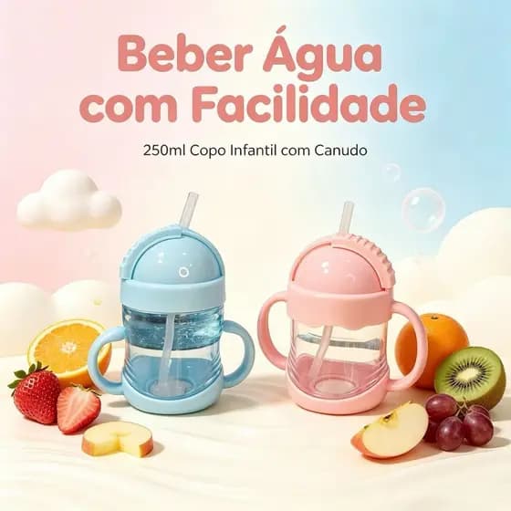 Garrafa De Água Copo para Bebe Com Tampa E Canudo + Alça De Plástico 200ML