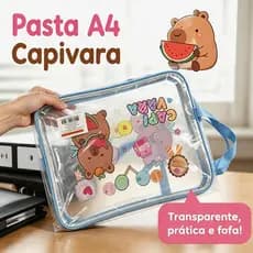 Pasta Transparente A4 Capivara  | Envelope Plástico com Zíper | Organizador de Documentos | Material Escolar Fofo
