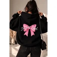 Moletom Feminino Com Capuz delicado  Estampa Laço Rosa Casual Inverno Tumblr Confortável