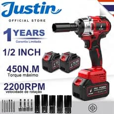 Chave de impacto sem escovas de 450 Nm e 2200 RPM, acompanha duas baterias.