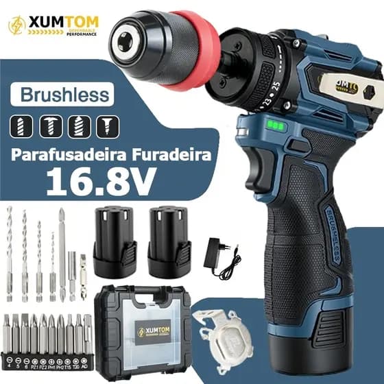 Parafusadeira Furadeira Elétrica Sem Fio 16.8V 2 Baterias com - Maleta, Impacto, com motor Brushless