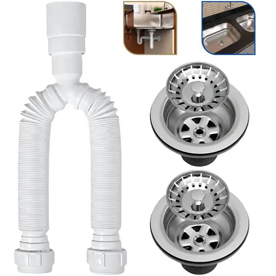 Kit Sifão Duplo Universal Flexível Delflex com 2x Válvulas Americana Pia de Cozinha Inox 3. 1/2