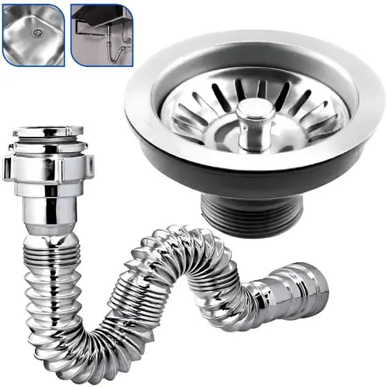 Kit Válvula de Pia de Cozinha Americana Inox 4.1/2 + Sifão Sanfonado Flexível Cromado 72cm