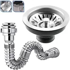 Kit Válvula de Pia de Cozinha Americana Inox 4.1/2 + Sifão Sanfonado Flexível Cromado 72cm