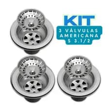 Kit 3 Válvulas Americanas Aço Inox 3 1/2 com Cestinha Universal para Pia de Cozinha e Lavanderia