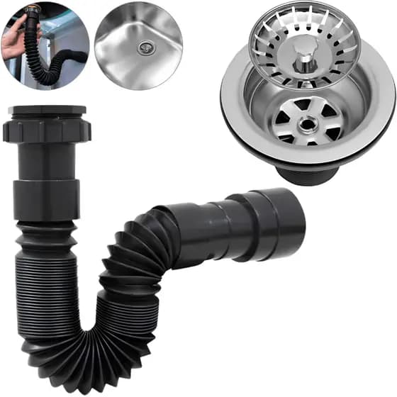 Kit Válvula Americana 3.1/2 Brilhante Cromada com Sifão Flexível Sanfonado Universal Preto 70cm