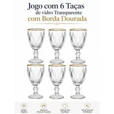 Conjunto de 6 Taças Diamond Vidro Transparente com Borda Dourada 320ml