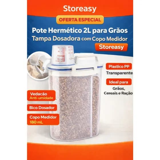Pote Hermético 2L para Grãos Tampa Dosadora Vedação Anti-Umidade Plástico PP Transparente | Storeasy