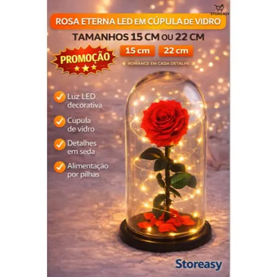 ROSA ETERNA LED EM CÚPULA DE VIDRO DECORAÇÃO ROMÂNTICA FLOR ARTIFICIAL SEDA LUMINÁRIA TAMANHOS 15CM E 22CM | Storeasy
