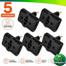 Kit 5 Adaptador de Tomada Benjamin 10A/20A Pino Adaptador T Preto