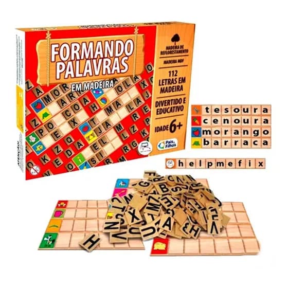 Jogo Formando Palavras Em Madeira 112 Letras Com Figuras - Auxilia na Alfabetização