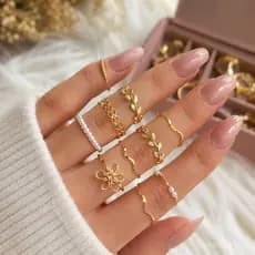 Kit 10 Anel Feminino Falange Dourados Ajustáveis Elegantes Delicados Para Fotos Nails Designer
