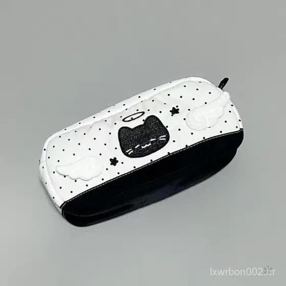 Estojo de Gato com Bolinhas - Contraste Preto e Branco, Grande Capacidade, Fofinho Estilo Instagram para Estudantes