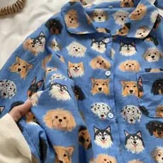 ！Cabeça de cachorrinho azul puro algodão escovado Loungewear lapela calças de manga comprida conjunto de pijama pode usa