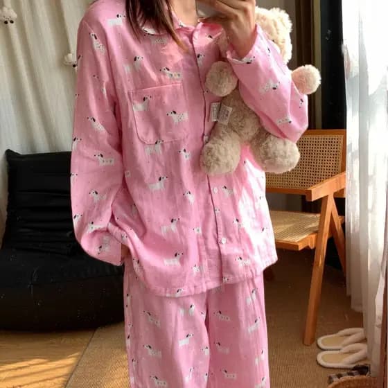 Fundação Dachshundation Dog ~ Novidade!Bonito macio bonito fio duplo pijama lapela terno impresso manga longa longa