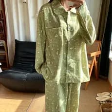 ！Matcha flor puro algodão escovado Loungewear lapela calças de manga comprida conjunto de pijama pode ser usado ao ar li