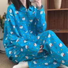 Novidades!Japonês mar sal gato algodão escovado pijamas feminino outono inverno lapela calças de manga comprida terno po