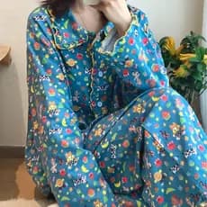 Algodão Puro!Outono inverno algodão escovado babados lapela calças femininas de manga comprida terno Loungewear casa pod