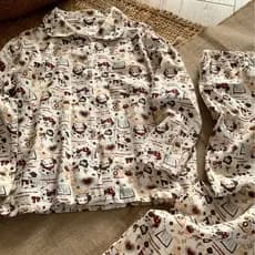 Conjunto de pijama Ankla Puppy Cotton escovado engrossado Loungewear lapela calças de manga comprida