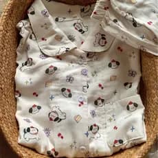 Feliz filhote de cachorro classe A algodão fio duplo lapela casa bonito dos desenhos animados pijamas soltos roupas para